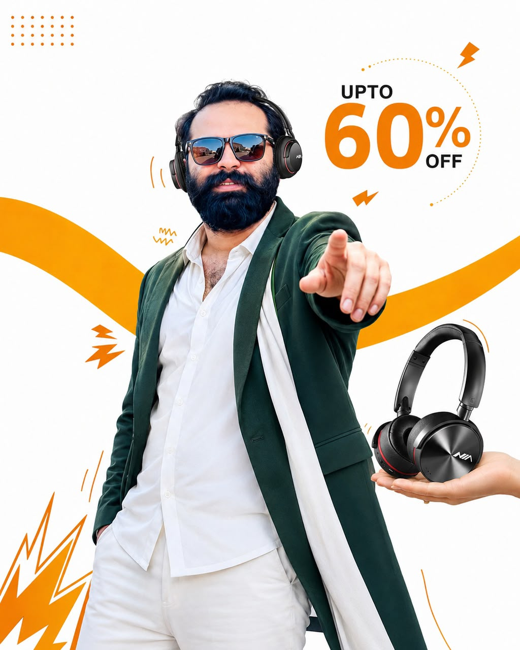 A promotional graphic featuring a bearded man in sunglasses, a dark green blazer, and white shirt pointing toward the camera, with a hand holding a pair of black over-ear headphones in the lower right. Orange text reads 'UPTO 60% OFF' on a white background with abstract orange graphic shapes.