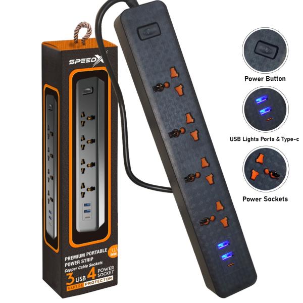 SPEED-X 303PU Premium Portable Power Strip 3Socket + 3USB Port Cable Length 2M