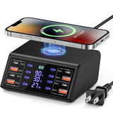 100W 8-Port Charging Station with 4 USB-C PD ports, 4 QC 3.0 ports, and wireless fast charging hub for phones and tablets