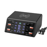 100W 8-Port Charging Station with 4 USB-C PD ports, 4 QC 3.0 ports, and wireless fast charging hub for phones and tablets