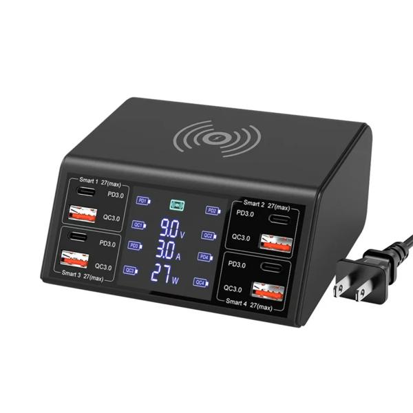 100W 8-Port Charging Station with 4 USB-C PD ports, 4 QC 3.0 ports, and wireless fast charging hub for phones and tablets