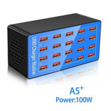 20-Port 100W Multiple USB Charging Station for smartphones, tablets, and iPads with smart current recognition and fire-retardant casing