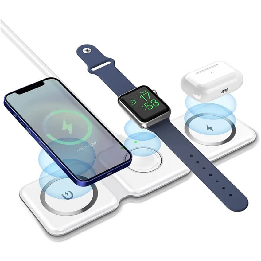 3 in 1 15W fast wireless magnetic charging pad showing its foldable triangular stand layout, multi-device power docks for smartphone, watch, and earbuds