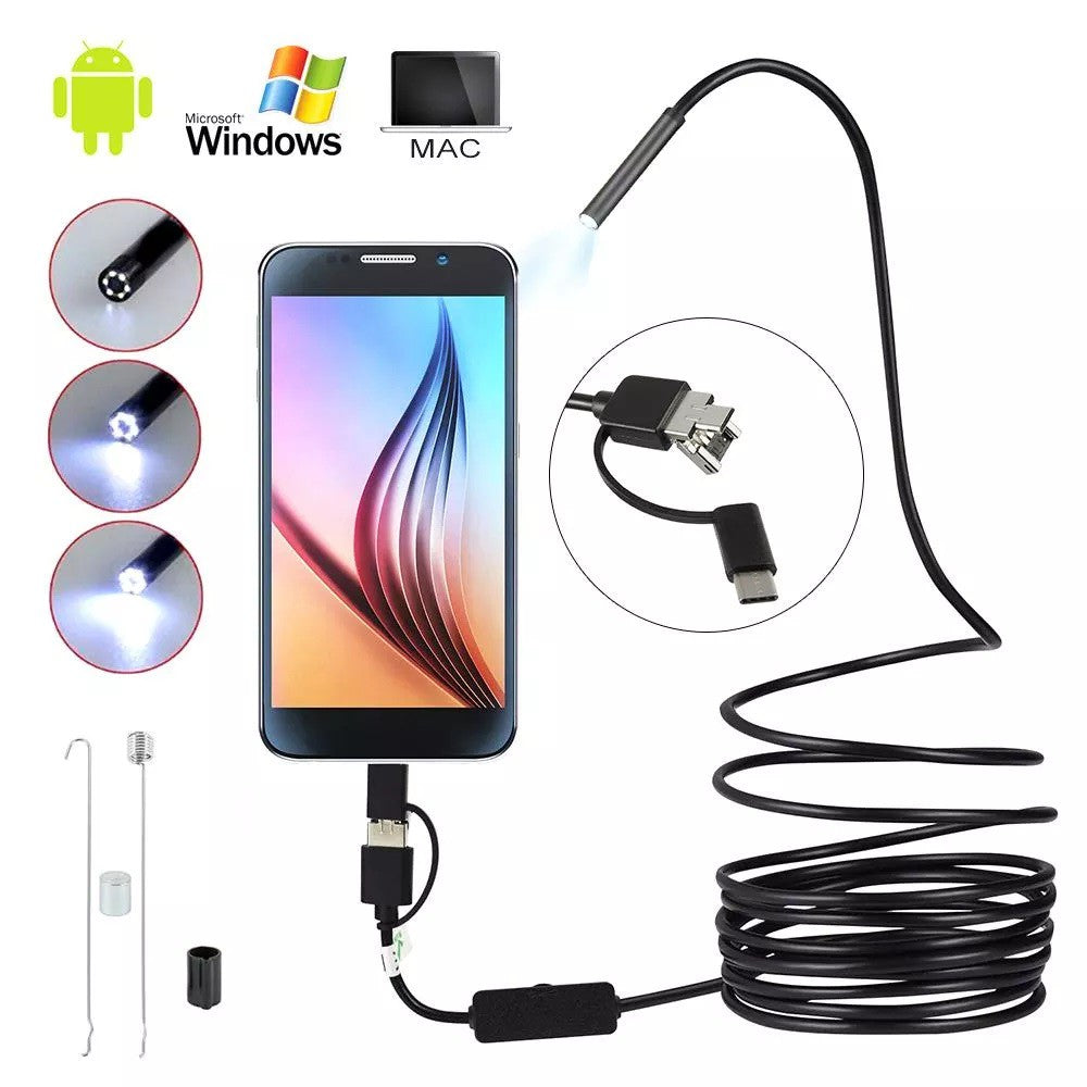 3-in-1 industrial endoscope camera with 3.5M hardline cable and Type-C USB interface for smartphone and PC