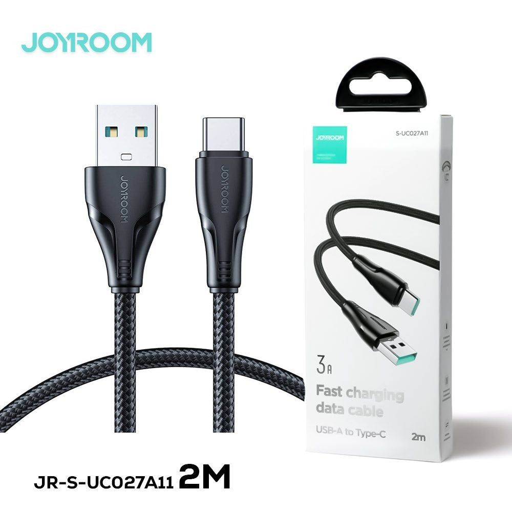 Joyroom Surpass Series 3A USB-A to Type-C fast charging data cable displaying its ultra-dense nylon braided shielding, reinforced strain-relief joints, and durable connector plugs