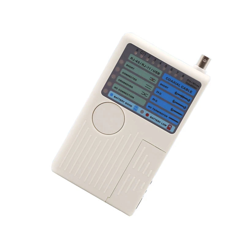 4-in-1 network cable tester featuring multi-port ports for RJ45, RJ11, USB, and BNC diagnostics with a far-end remote jack and leather bag