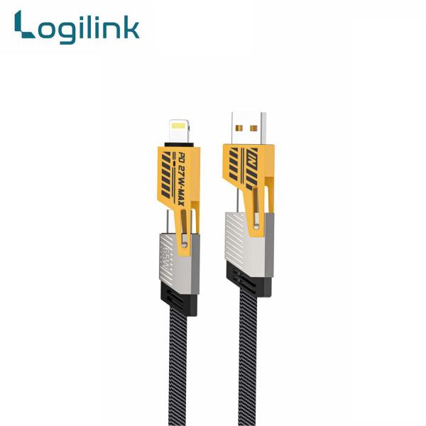 4 in 1 multi USB PD charging cable highlighting its interchangeable zinc alloy port snap design, heavy-duty flat parachute braided nylon finish, and Type-C to Type-C links
