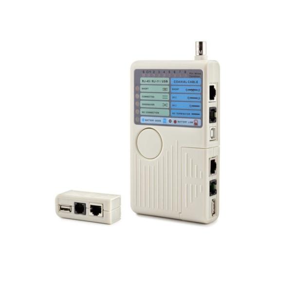 4-in-1 network cable tester featuring multi-port ports for RJ45, RJ11, USB, and BNC diagnostics with a far-end remote jack and leather bag