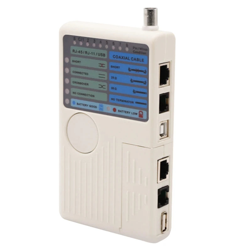 Professional 4-in-1 Network Cable Tester for RJ45 LAN, RJ11 Phone, USB, and BNC Coaxial troubleshooting