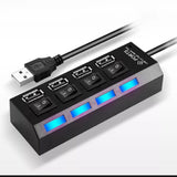 4-Port USB 2.0 Hub with individual ON/OFF switches, LED indicators, and a compact design for laptops and PCs