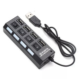 4-Port USB 2.0 Hub with individual ON/OFF switches, LED indicators, and a compact design for laptops and PCs