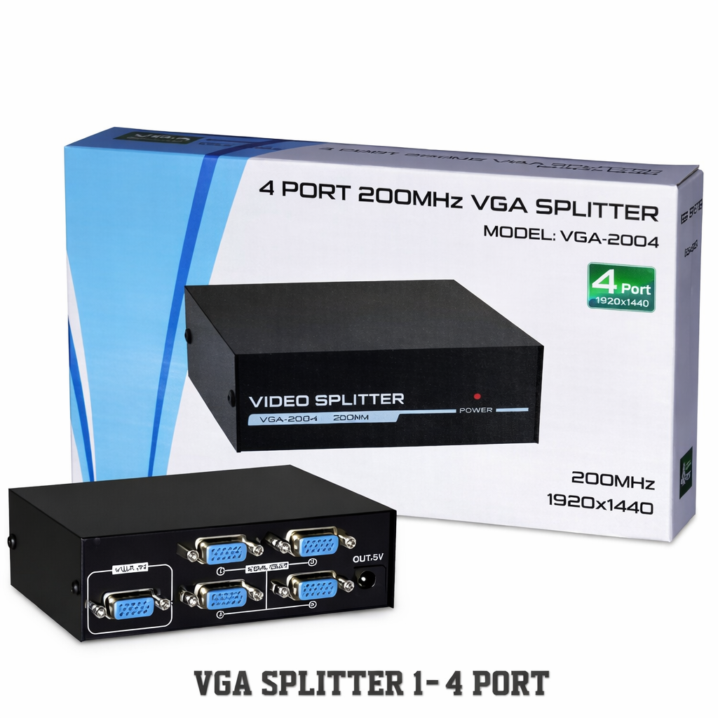 4-Port VGA Splitter 200 MHz with 1 Input and 4 Output Ports for Multiple Monitors