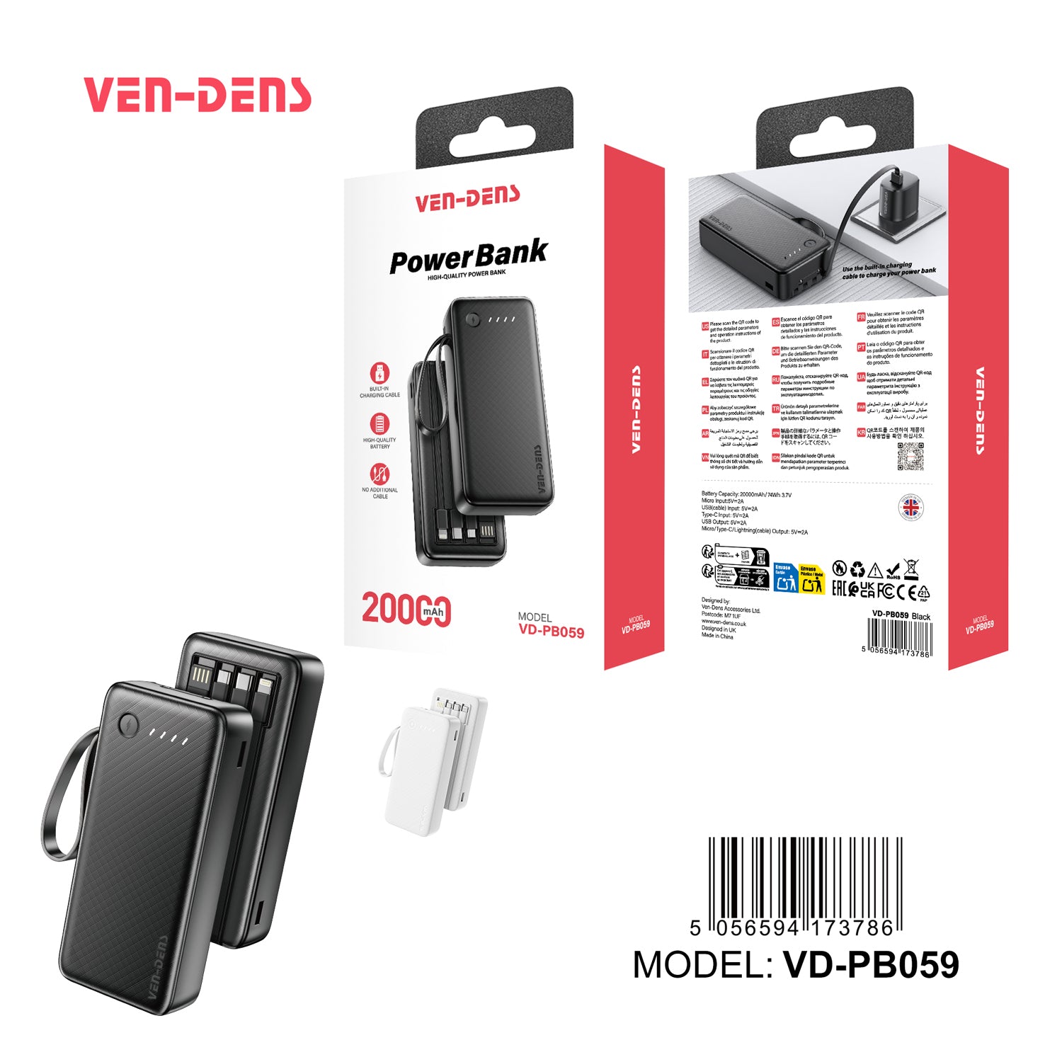 Ven Dens VD-PB059 Black 20000mAh 2.4A Power Bank with LED light with with Built-In Cables