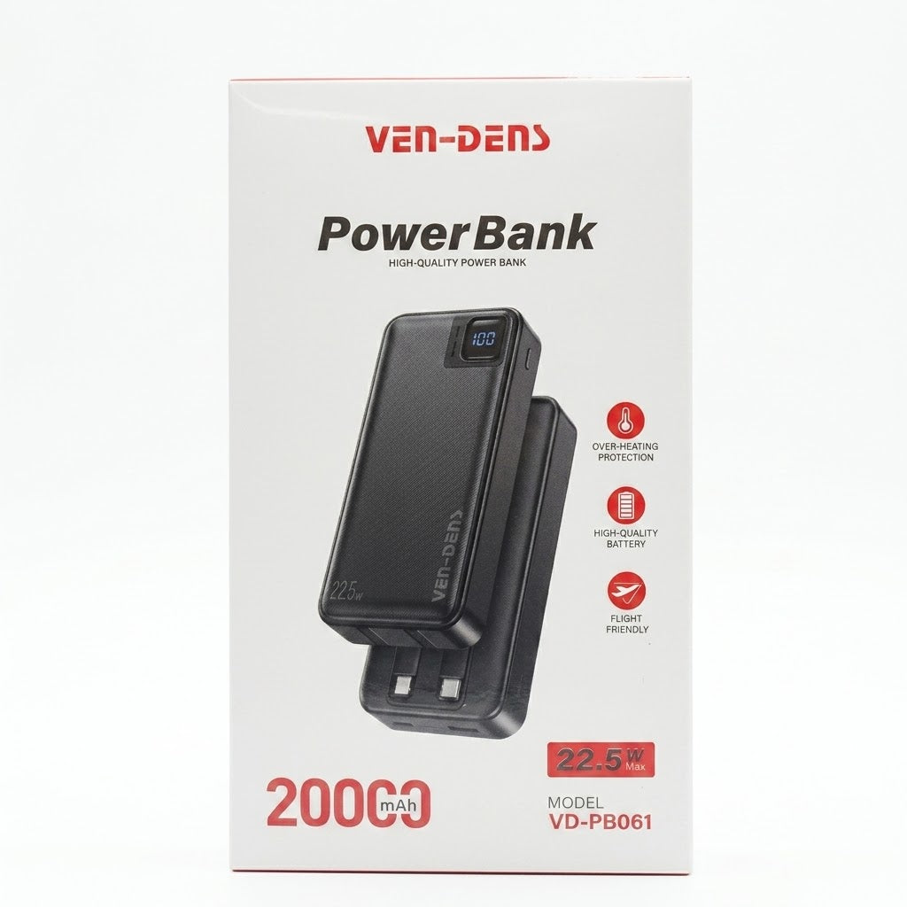 Ven Dens VD-PB061 Black 20000mAh 22.5W Power Bank with LED light with Built-In Cables