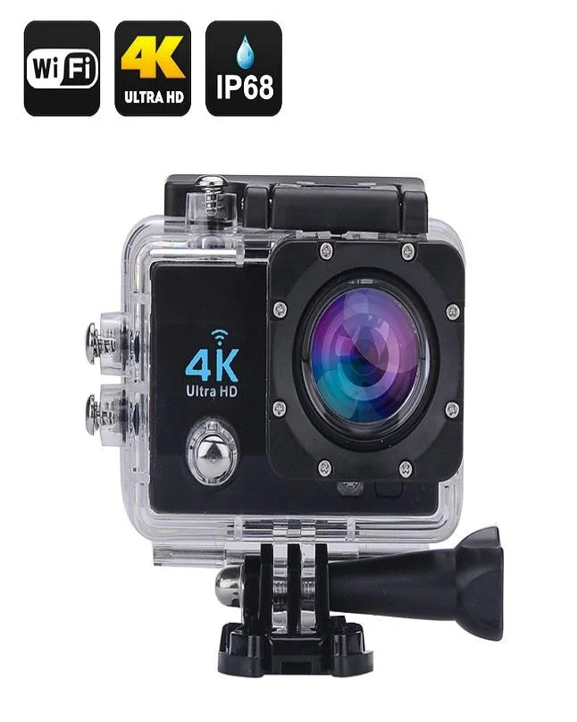 4K Ultra HD WiFi action sports camera with waterproof housing and full mounting accessory kit