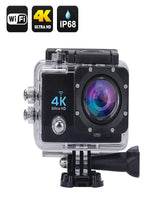 4K Ultra HD WiFi action sports camera with waterproof housing and full mounting accessory kit