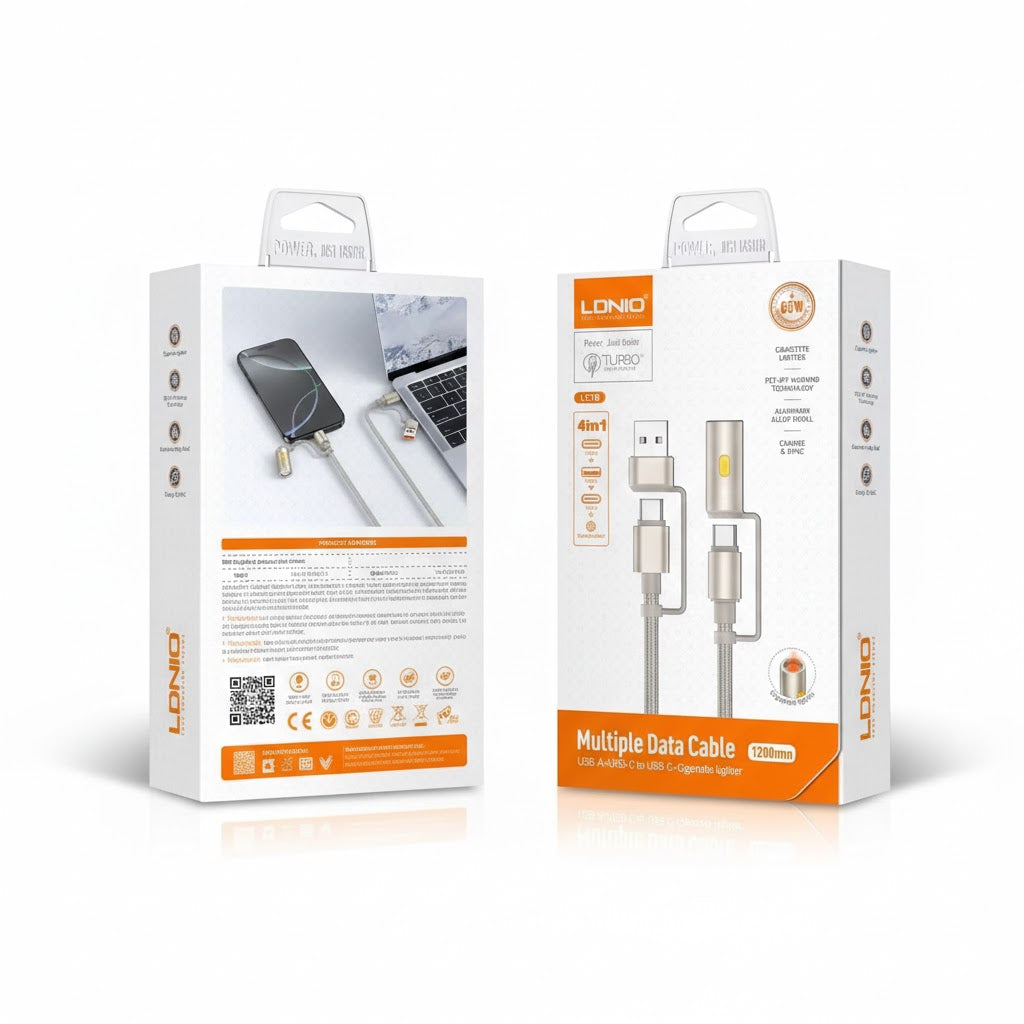 LDNIO LC18 4-in-1 Multiple Data Cable – USB-A & USB-C to USB-C + Cigarette Lighter