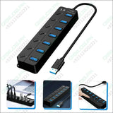 7-Port Expander USB 3.0 Hub with independent power switches, LED indicators, and backup power port for fast data transfer