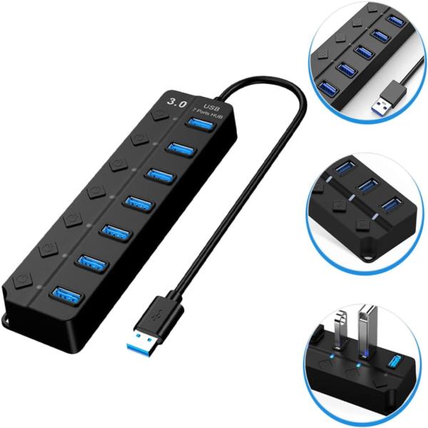 7-Port Expander USB 3.0 Hub with independent power switches, LED indicators, and backup power port for fast data transfer