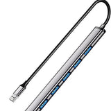 7-Port USB 3.0 Ultra Slim Portable Hub in grey aluminum alloy, featuring independent switches and 5Gbps data transfer for desktop and laptop setups