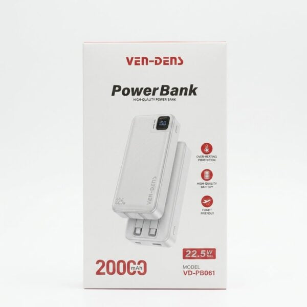 Ven Dens VD-PB061 Black 20000mAh 22.5W Power Bank with LED light with Built-In Cables