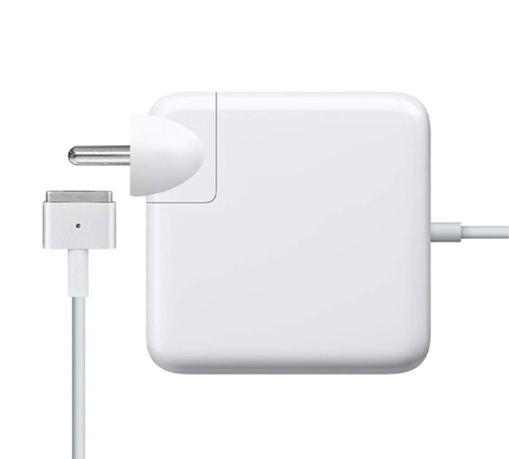 Apple 45W MagSafe 2 T-shape power adapter showing the magnetic T-tip, integrated LED charging light, and cable-wrap base design