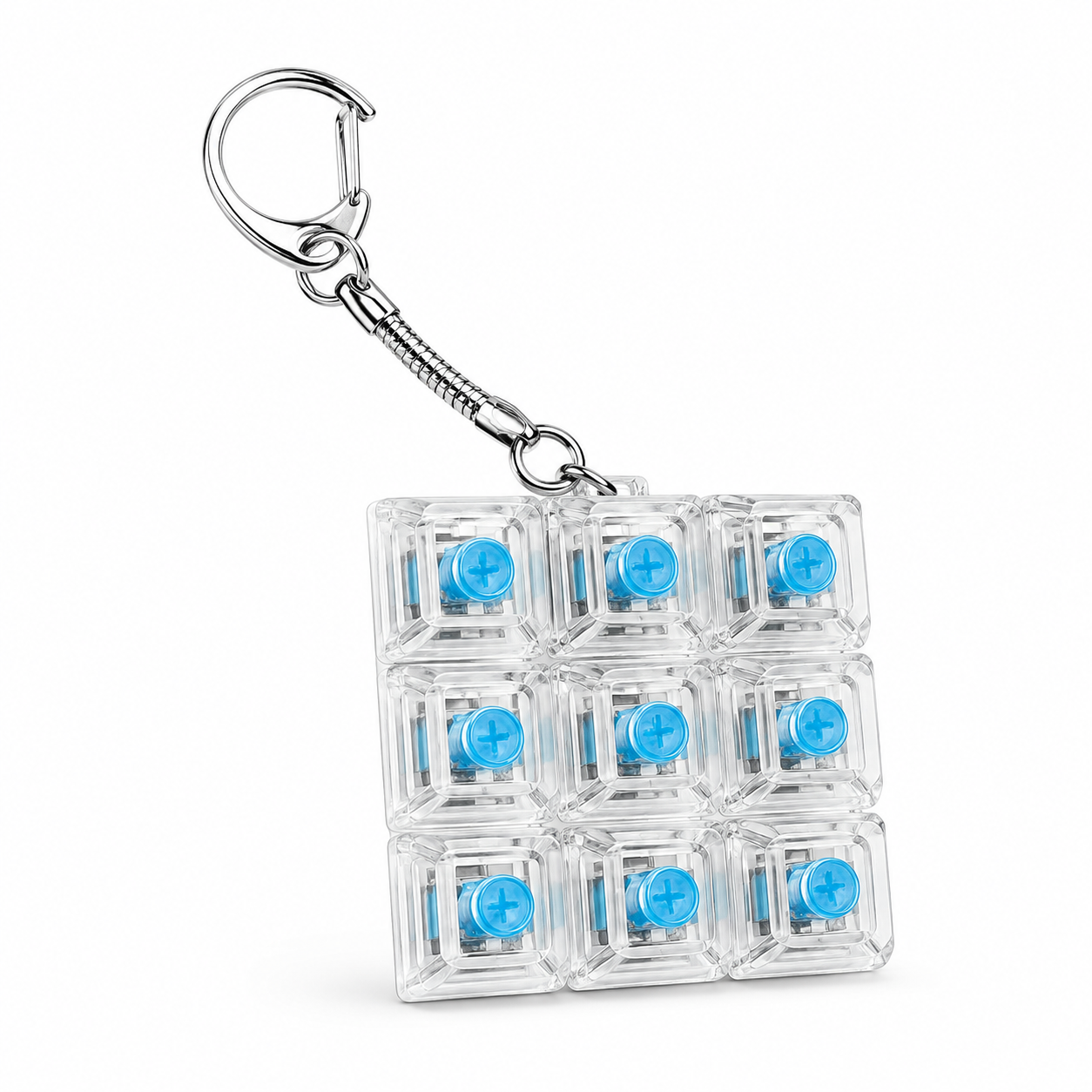 A 3x3 keychain featuring nine clear plastic square compartments with blue mechanical switches inside, attached to a silver metal split ring and chain, on a white background.