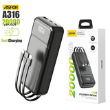 Aspor A316 20000mAh power bank featuring integrated built-in charging cables, 22.5W fast charging USB-A port, and 20W PD Type-C port