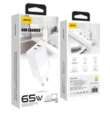 Aspor A851 65W GaN power adapter showing its standard European two-pin plug configuration, dual out port panel with high-speed charging channels, and compact heat-resistant structural frame