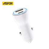 Aspor A910 38W fast car charger highlighting its dual USB and Type-C PD ports, rugged aluminum metal casing, and compact layout