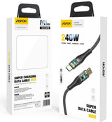 Aspor A153 240W Type-C to Type-C Power Delivery fast charging cable showing its 1.8-meter long braided design, reinforced strain relief joints, and built-in LED light connector tip