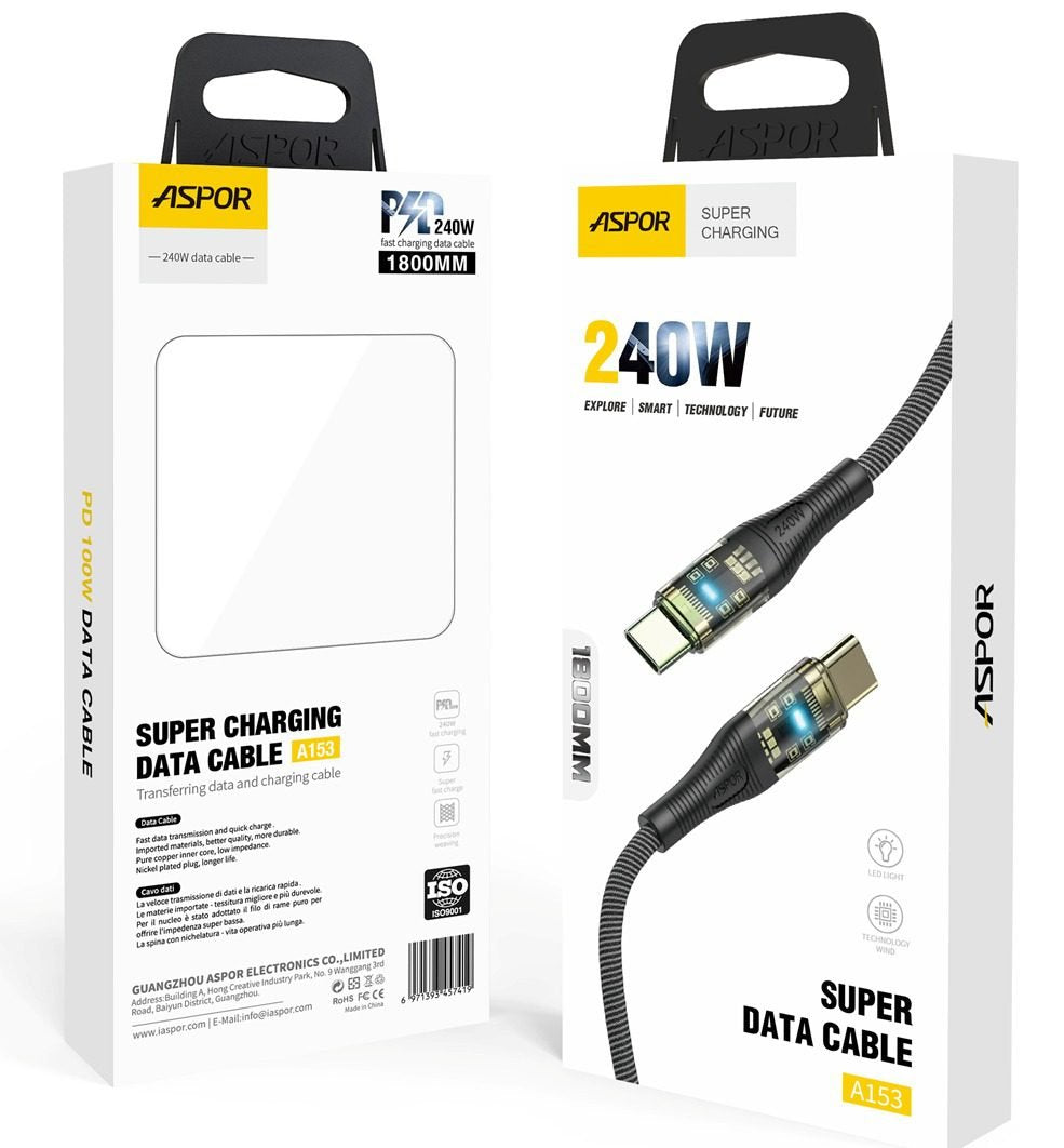 Aspor A153 240W Type-C to Type-C Power Delivery fast charging cable showing its 1.8-meter long braided design, reinforced strain relief joints, and built-in LED light connector tip