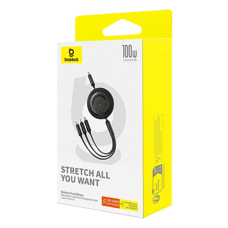 Baseus Free2Draw Retractable 3-in-1 Cable | 100W PD Fast Charging | Type-C to M+L+C | Cluster Black