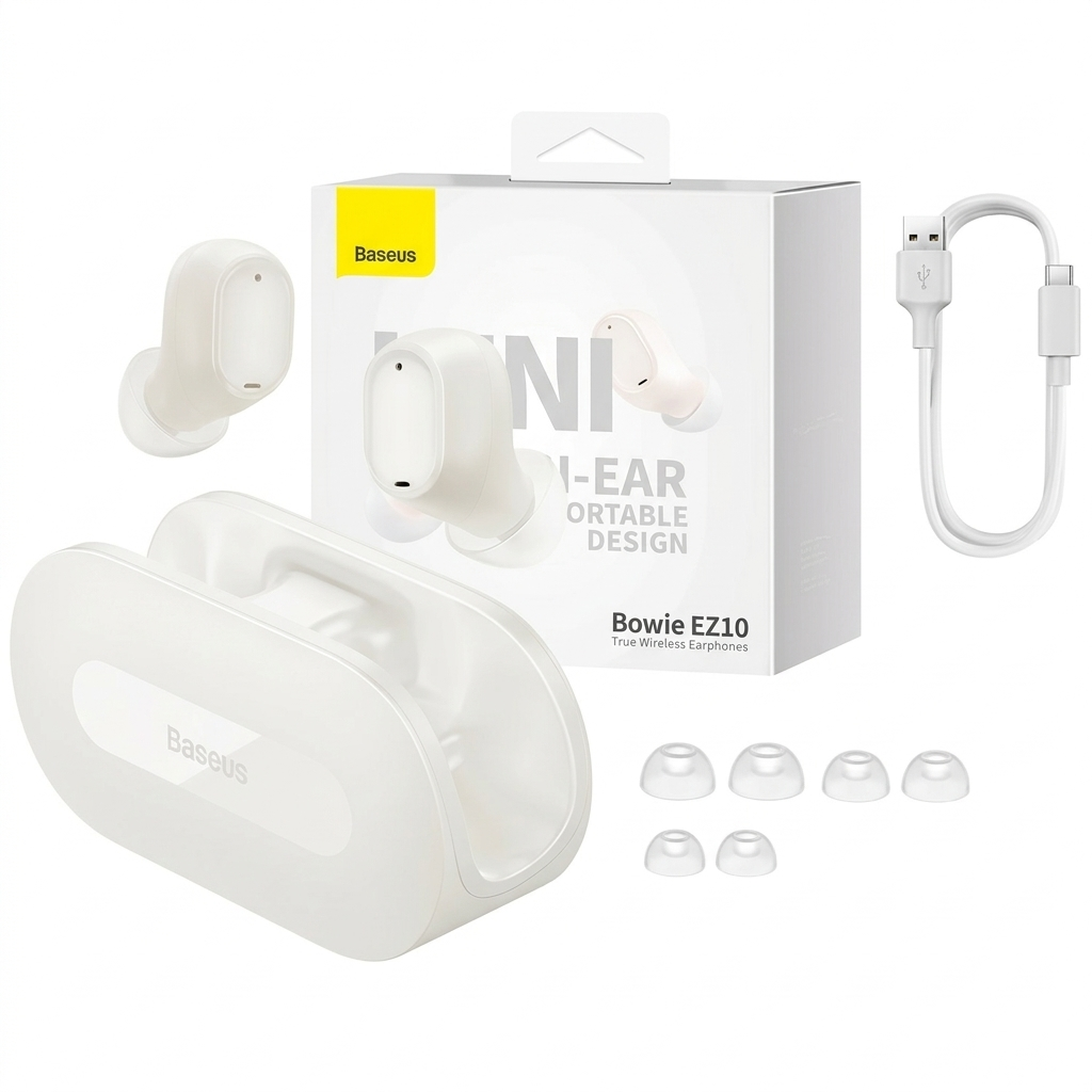Close-up of the Baseus Bowie EZ10 ergonomic earbud design and charging contacts