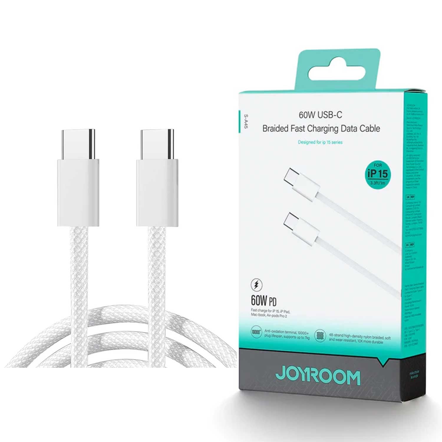 Ben Series S-A45 Type-C to Type-C 60W fast charging data cable showcasing its 48-strand nylon braided armor shield, heavy-duty ABS connector housings, and 1-meter length