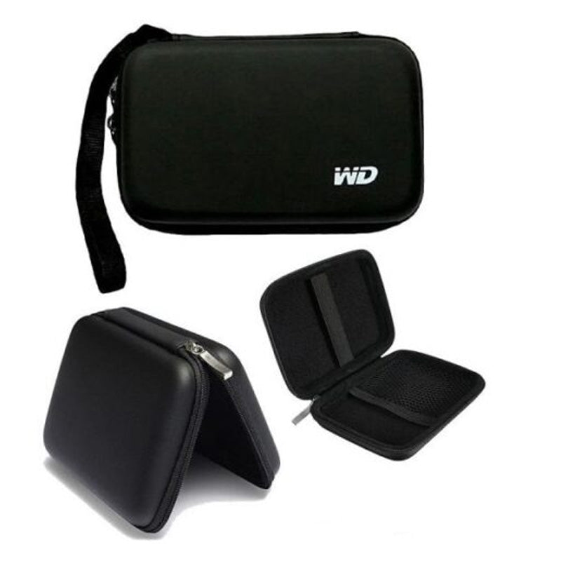 Black carrying case with a strap and open lid, featuring the WD logo on a white background.