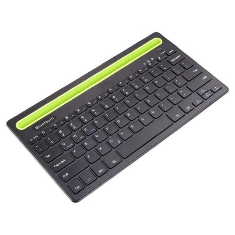 Wireless Bluetooth keyboard with integrated phone and tablet holder slot, featuring a 78-key layout and universal compatibility
