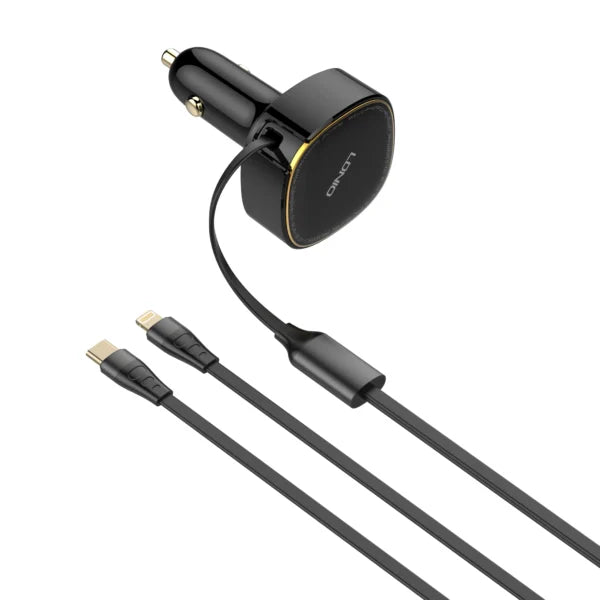 LDNIO C107 Fast Car Charger 30W Built-in Retractable Wired C + IP