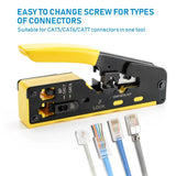 Speedx HT-718 professional Cat7 RJ45 pass-through crimping tool featuring built-in wire cutter, dovetail clip clamp, and cable stripper