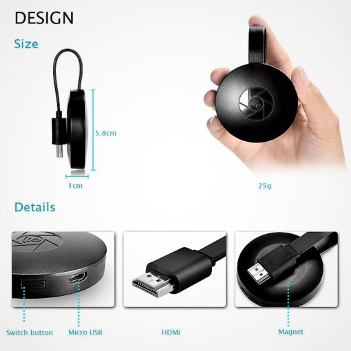 Black electronic device with measurements and features displayed on a white background