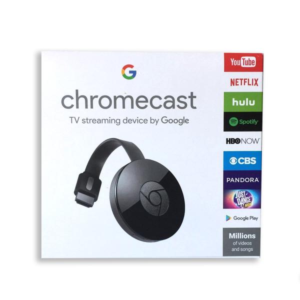 Chromecast TV streaming device packaging with Google, YouTube, Netflix, and other app logos on a white background.
