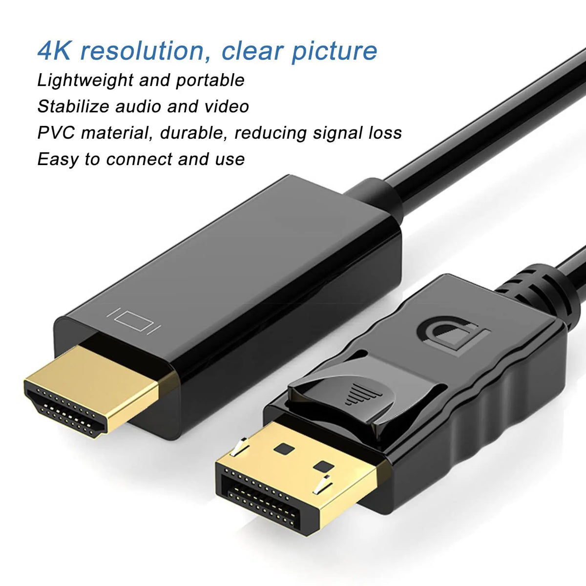 HDMI to DisplayPort cable with features listed on a white background
