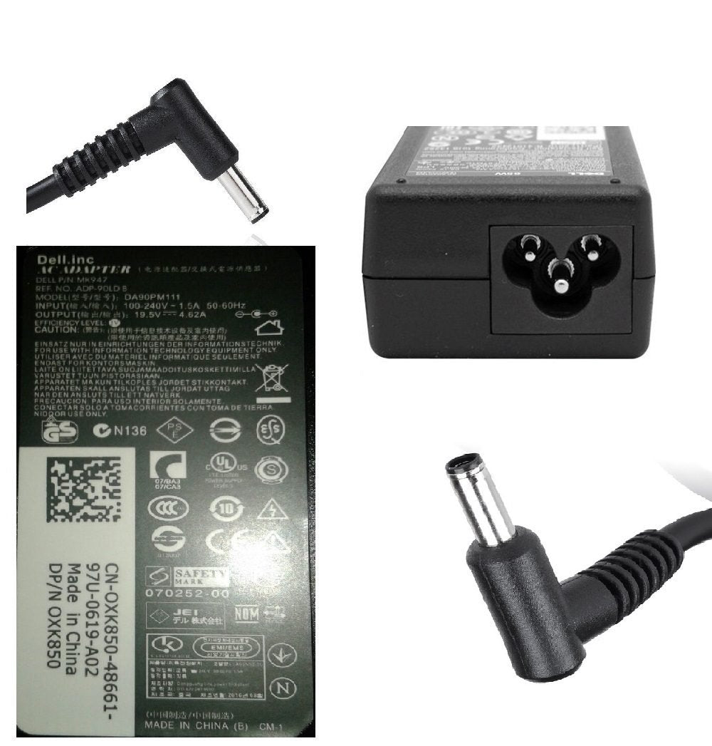 Dell 90W slim laptop charger showing the adapter unit, new pin connector tip, and high-performance power brick design