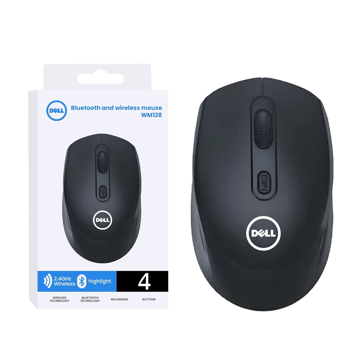 Dell WM128 dual-mode wireless mouse with Bluetooth and 2.4GHz connectivity, featuring an ergonomic design for professional productivity