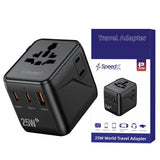 SpeedX SP-TCW02 global travel adapter showcasing its 25W PD multi-port interface including dual USB-C slots, single USB-A bay, and dual integrated AC wall outlets