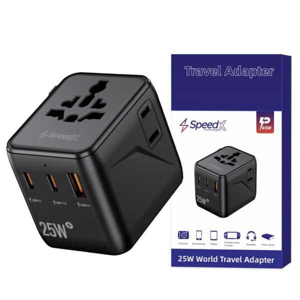 SpeedX SP-TCW02 global travel adapter showcasing its 25W PD multi-port interface including dual USB-C slots, single USB-A bay, and dual integrated AC wall outlets