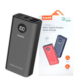 FAXITE M20Plus 22.5W metal power bank featuring 20000mAh capacity, digital display screen, Quick Charge 4.0, PD 20W port, and an integrated leather strap