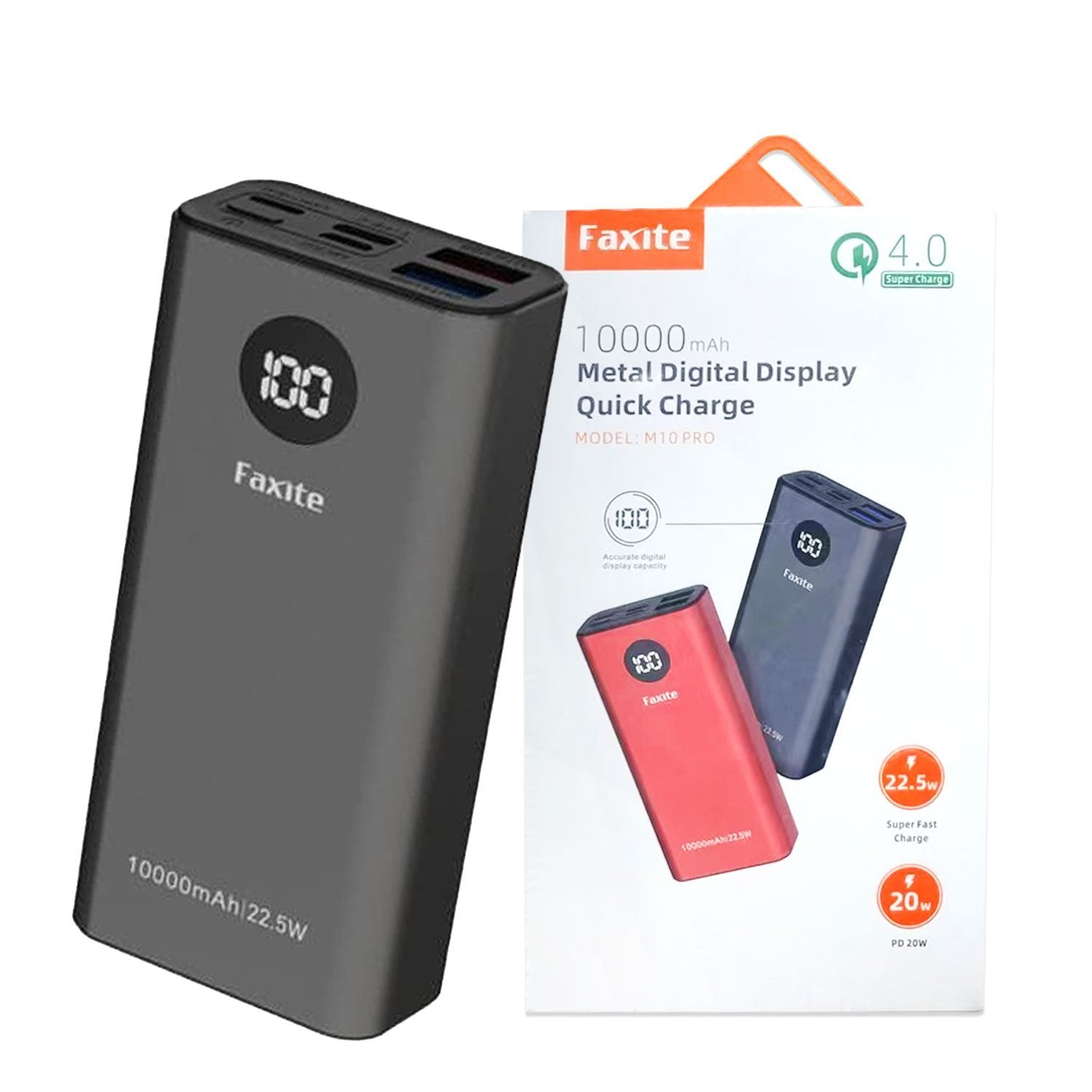 FAXITE M20Plus 22.5W metal power bank featuring 20000mAh capacity, digital display screen, Quick Charge 4.0, PD 20W port, and an integrated leather strap