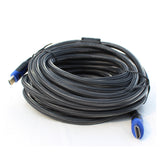 Coiled black cable with blue connectors on a white background