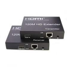 HDMI extender set with transmitter and receiver on a white background